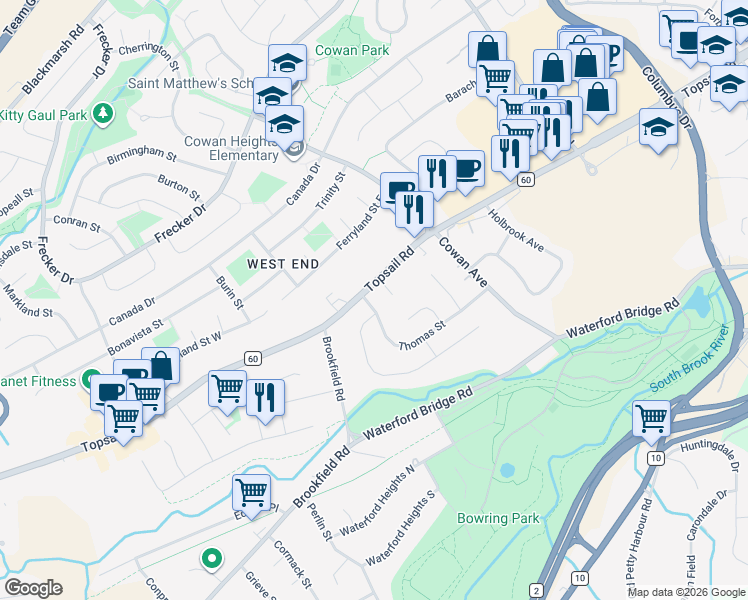 map of restaurants, bars, coffee shops, grocery stores, and more near 62 Thomas Street in St. John's