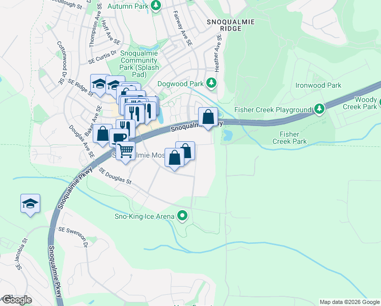 map of restaurants, bars, coffee shops, grocery stores, and more near 8020 Bracken Place Southeast in Snoqualmie