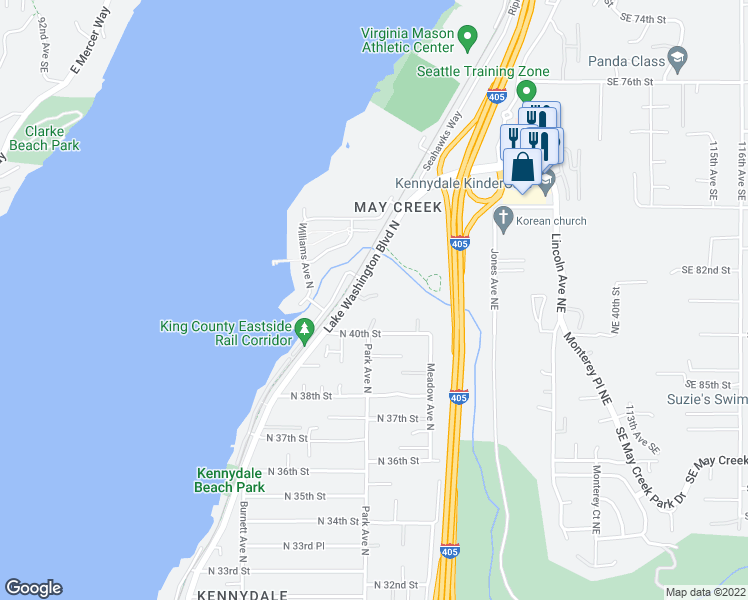map of restaurants, bars, coffee shops, grocery stores, and more near 4127 North 41st Street in Renton
