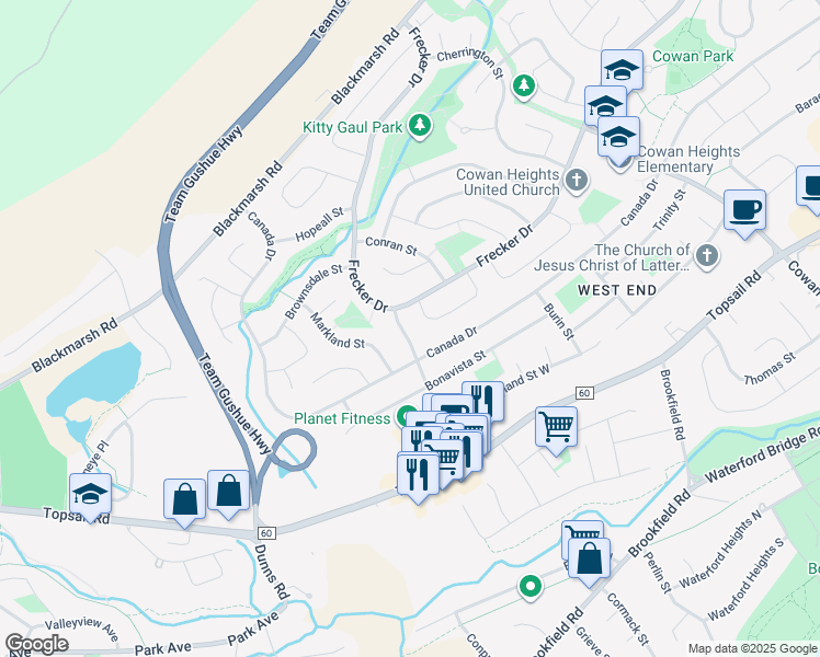 map of restaurants, bars, coffee shops, grocery stores, and more near 42 Burgeo Street in St. John's
