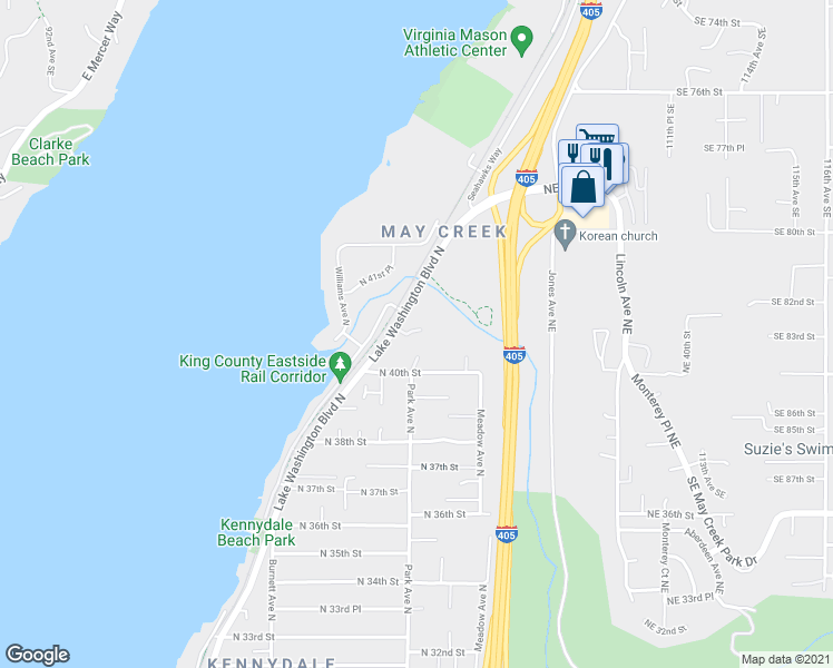 map of restaurants, bars, coffee shops, grocery stores, and more near 4100 Lake Washington Boulevard North in Renton