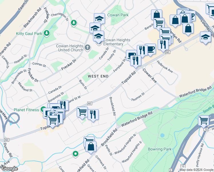 map of restaurants, bars, coffee shops, grocery stores, and more near 566 Topsail Road in St. John's
