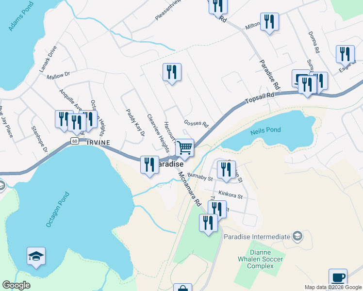map of restaurants, bars, coffee shops, grocery stores, and more near 2 Harcourt Road in Paradise