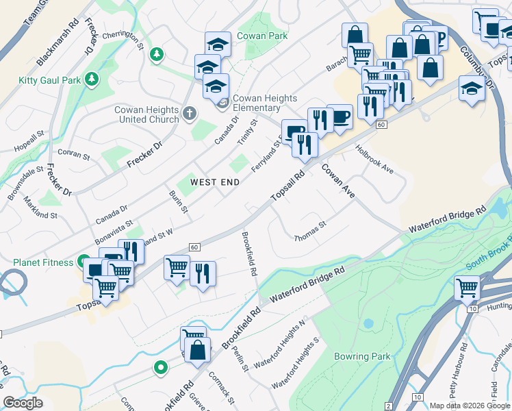 map of restaurants, bars, coffee shops, grocery stores, and more near 554 Topsail Road in St. John's