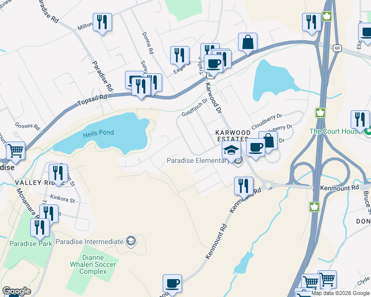 map of restaurants, bars, coffee shops, grocery stores, and more near 58 Goldfinch Drive in Paradise