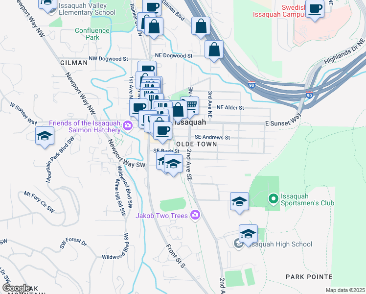 map of restaurants, bars, coffee shops, grocery stores, and more near 155 Southeast Andrews Street in Issaquah