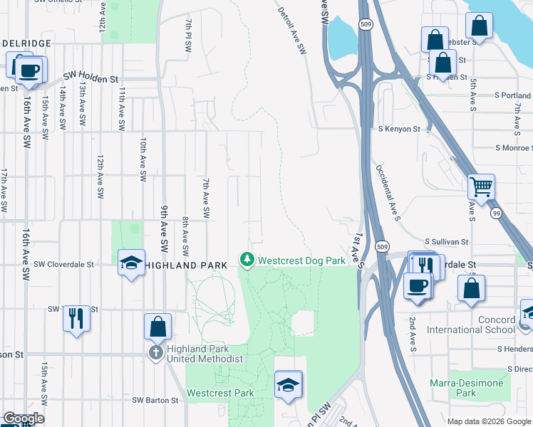 map of restaurants, bars, coffee shops, grocery stores, and more near 8135 4th Avenue Southwest in Seattle