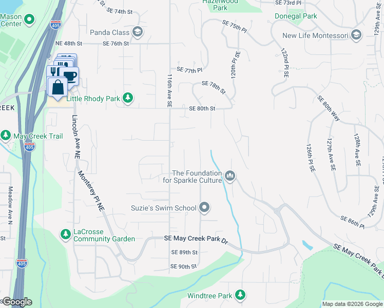 map of restaurants, bars, coffee shops, grocery stores, and more near 8213 118th Avenue Southeast in Newcastle