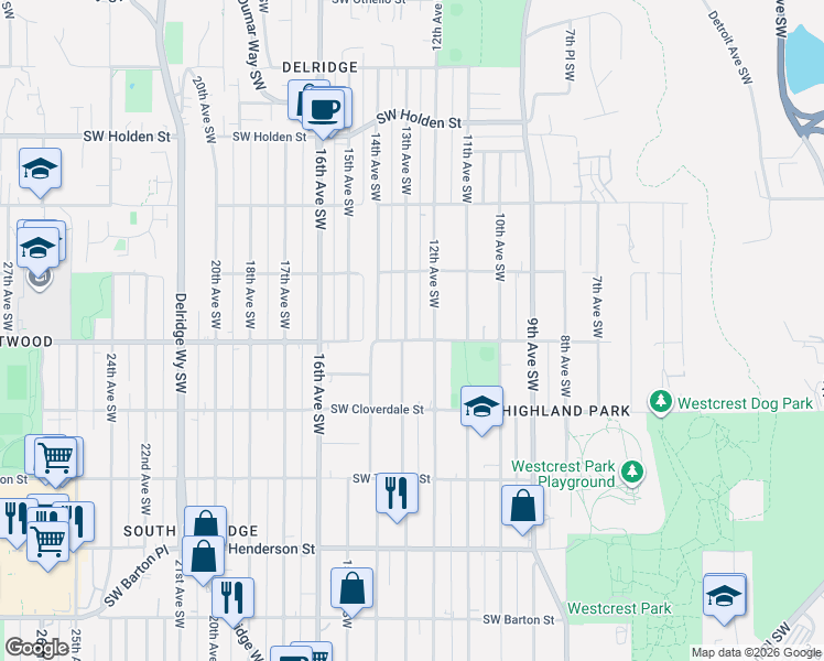 map of restaurants, bars, coffee shops, grocery stores, and more near 8137 13th Avenue Southwest in Seattle