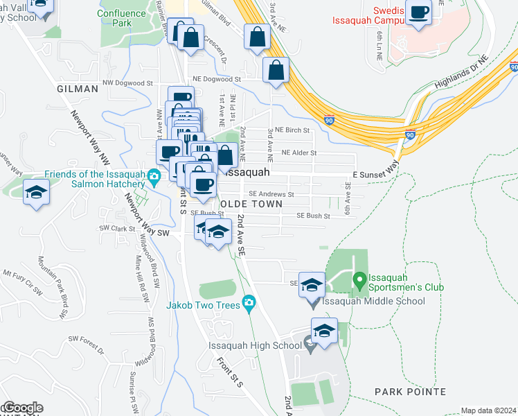 map of restaurants, bars, coffee shops, grocery stores, and more near 235 Southeast Andrews Street in Issaquah