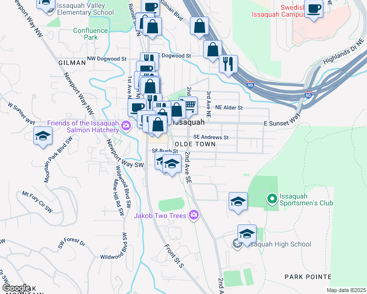 map of restaurants, bars, coffee shops, grocery stores, and more near 155 Southeast Andrews Street in Issaquah