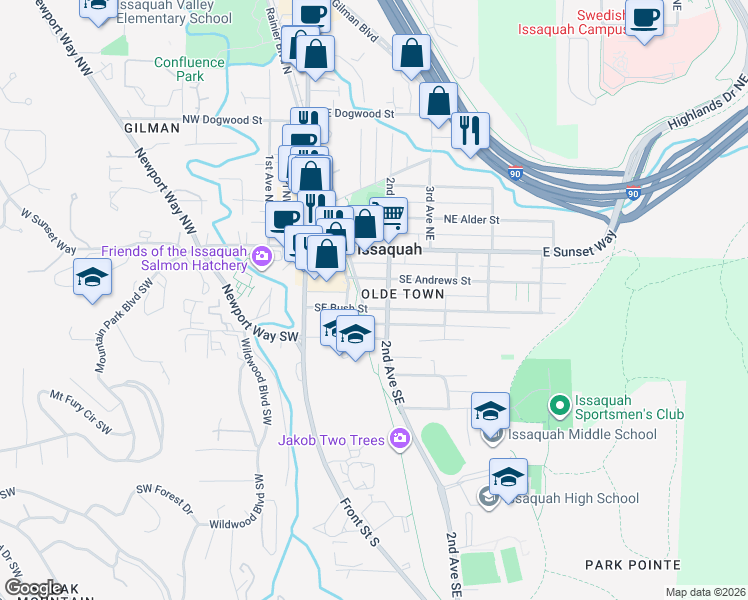 map of restaurants, bars, coffee shops, grocery stores, and more near 155 Southeast Andrews Street in Issaquah