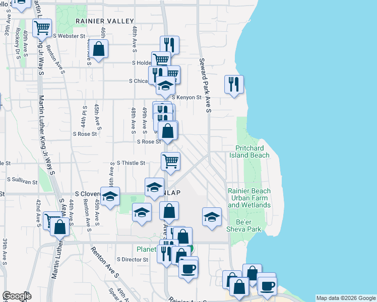 map of restaurants, bars, coffee shops, grocery stores, and more near 8323 Wolcott Avenue South in Seattle