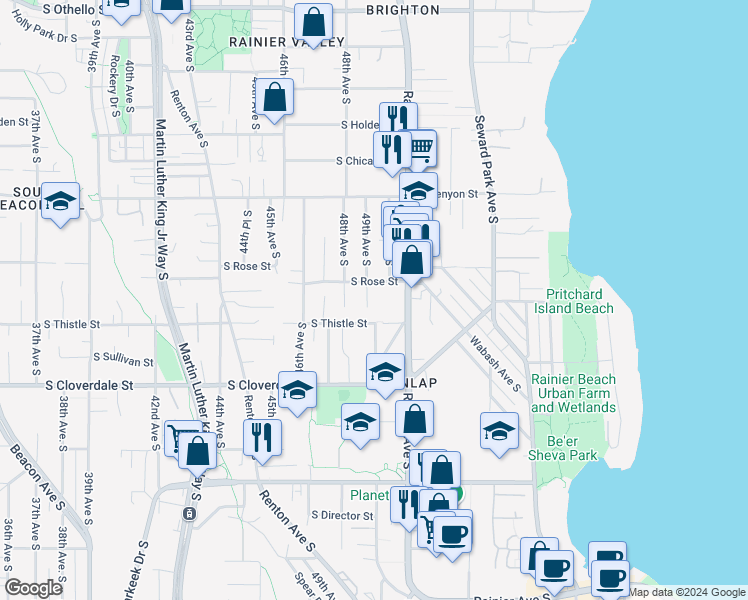 map of restaurants, bars, coffee shops, grocery stores, and more near 4915 South Rose Street in Seattle