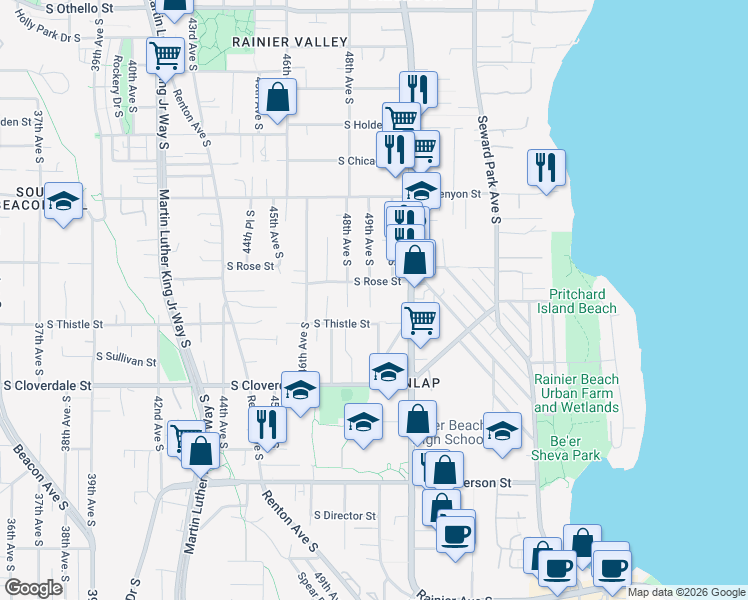 map of restaurants, bars, coffee shops, grocery stores, and more near 4915 South Rose Street in Seattle