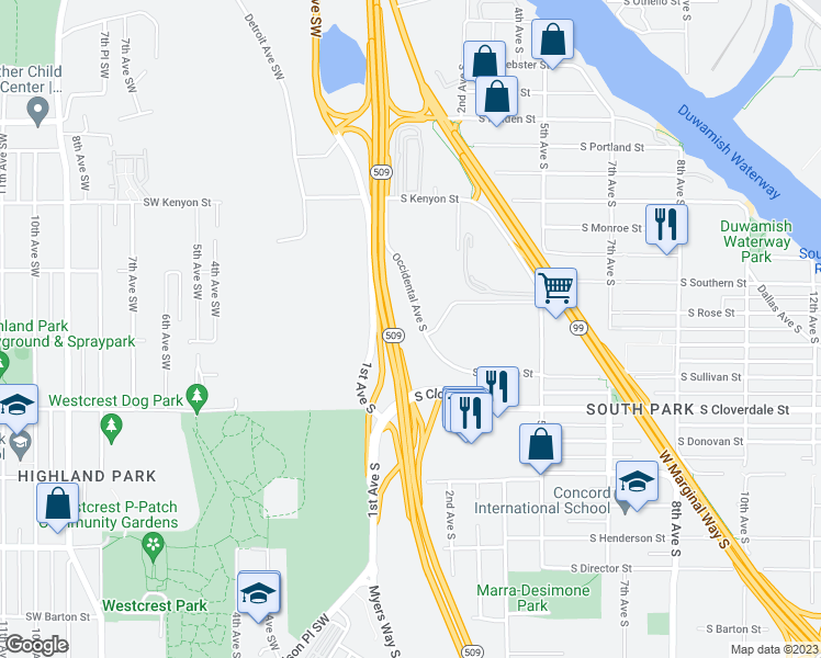 map of restaurants, bars, coffee shops, grocery stores, and more near 8151 Occidental Avenue South in Seattle