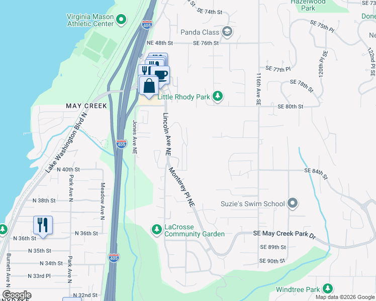 map of restaurants, bars, coffee shops, grocery stores, and more near 4130 Lincoln Avenue Northeast in Renton