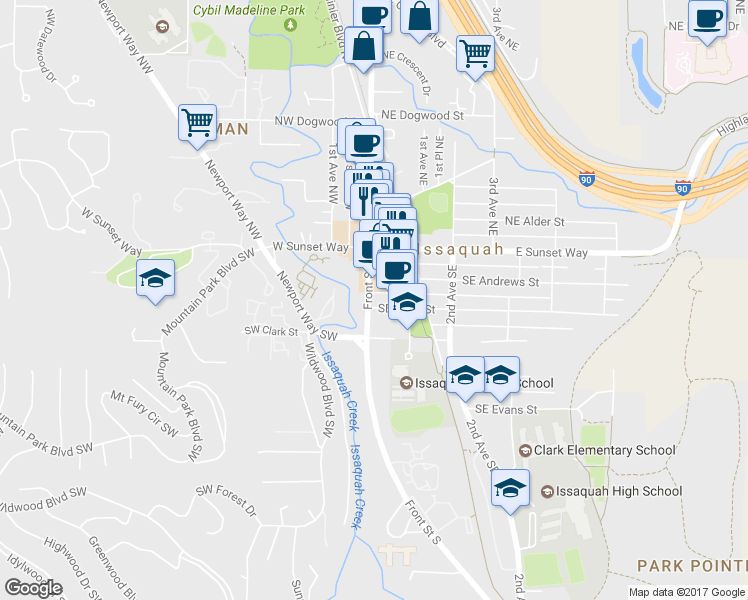 map of restaurants, bars, coffee shops, grocery stores, and more near 180 Front Street South in Issaquah
