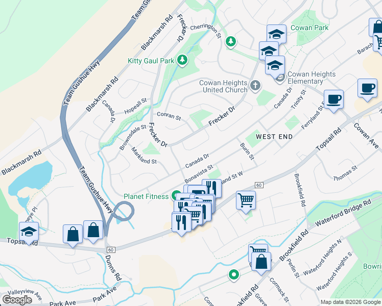 map of restaurants, bars, coffee shops, grocery stores, and more near 25 Burling Crescent in St. John's