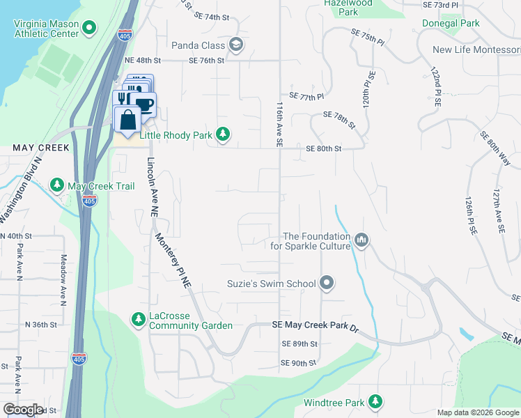 map of restaurants, bars, coffee shops, grocery stores, and more near 11508 Southeast 83rd Street in Newcastle