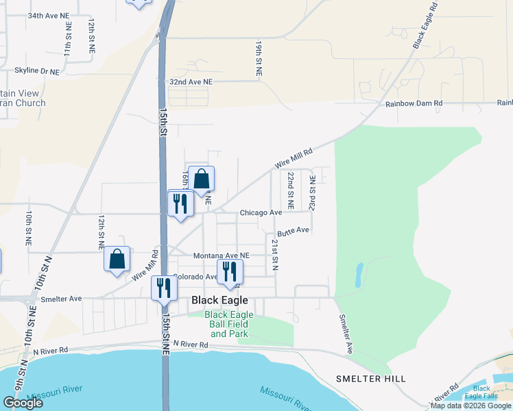map of restaurants, bars, coffee shops, grocery stores, and more near 1919 Chicago Avenue in Black Eagle