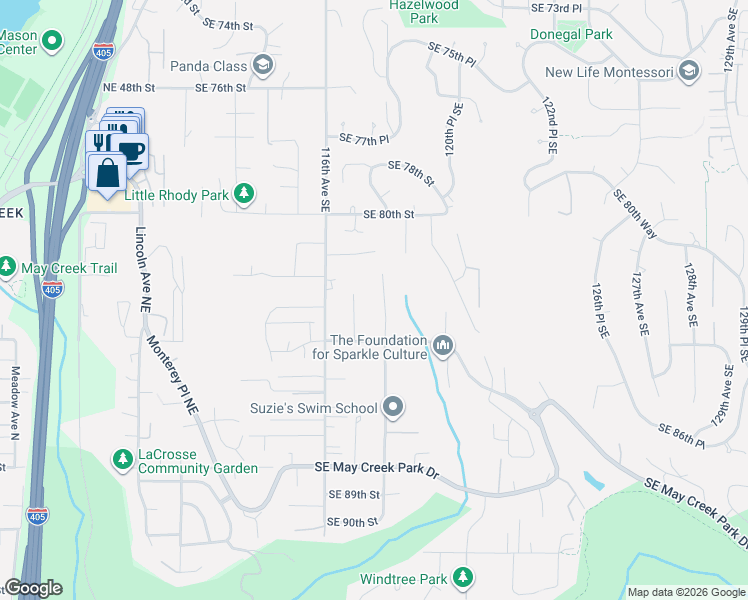 map of restaurants, bars, coffee shops, grocery stores, and more near 8213 118th Avenue Southeast in Newcastle