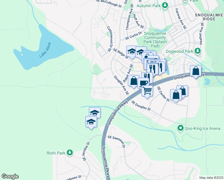 map of restaurants, bars, coffee shops, grocery stores, and more near 34608 Southeast Osprey Court in Snoqualmie