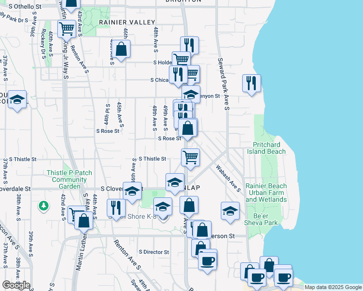 map of restaurants, bars, coffee shops, grocery stores, and more near 4915 South Rose Street in Seattle