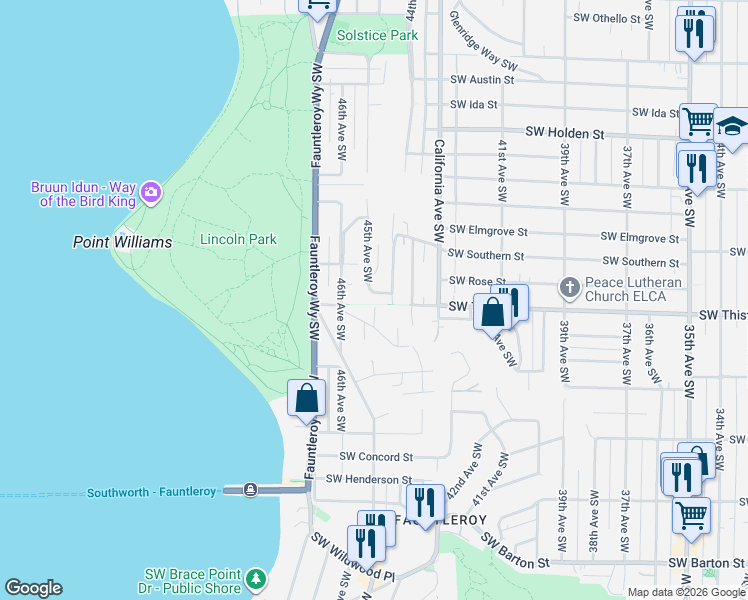 map of restaurants, bars, coffee shops, grocery stores, and more near 4402 Southwest Rose Street in Seattle