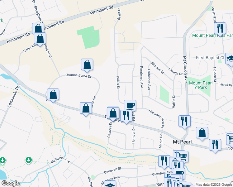 map of restaurants, bars, coffee shops, grocery stores, and more near 75 Pollux Drive in Mount Pearl