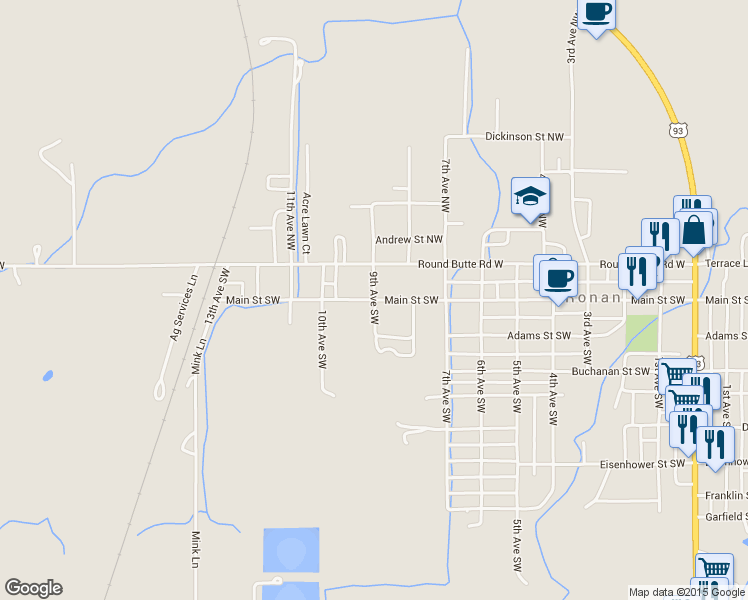 map of restaurants, bars, coffee shops, grocery stores, and more near 9th Avenue Southwest in Ronan