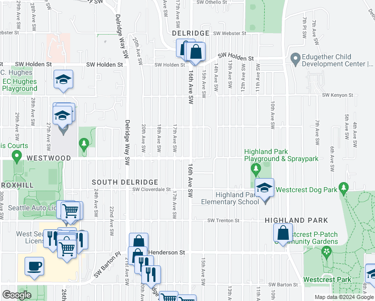 map of restaurants, bars, coffee shops, grocery stores, and more near 8145 16th Avenue Southwest in Seattle