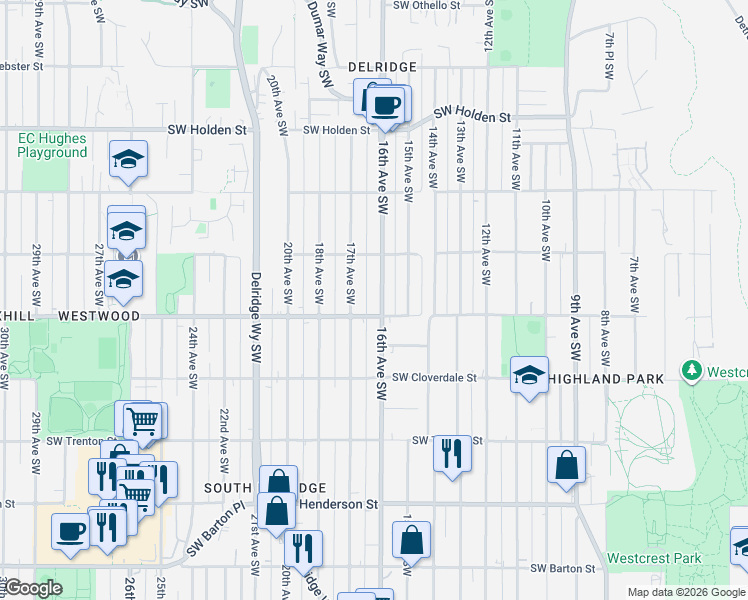 map of restaurants, bars, coffee shops, grocery stores, and more near 8145 16th Avenue Southwest in Seattle