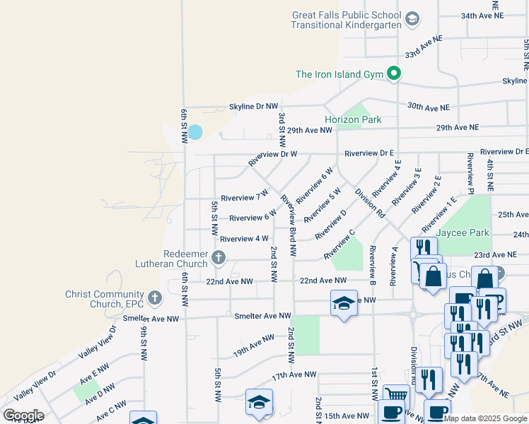 map of restaurants, bars, coffee shops, grocery stores, and more near 317 Riverview 6 West in Great Falls