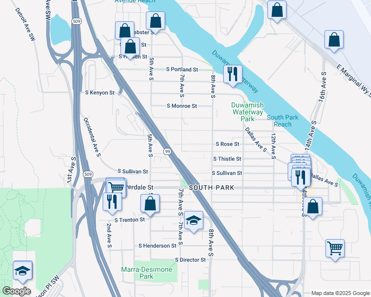 map of restaurants, bars, coffee shops, grocery stores, and more near 708 South Rose Street in Seattle