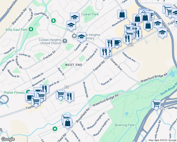 map of restaurants, bars, coffee shops, grocery stores, and more near 552 Topsail Road in St. John's