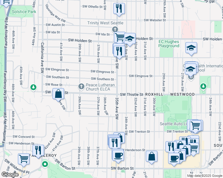 map of restaurants, bars, coffee shops, grocery stores, and more near 3517 Southwest Rose Street in Seattle