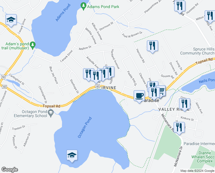 map of restaurants, bars, coffee shops, grocery stores, and more near 1666 Topsail Road in Paradise