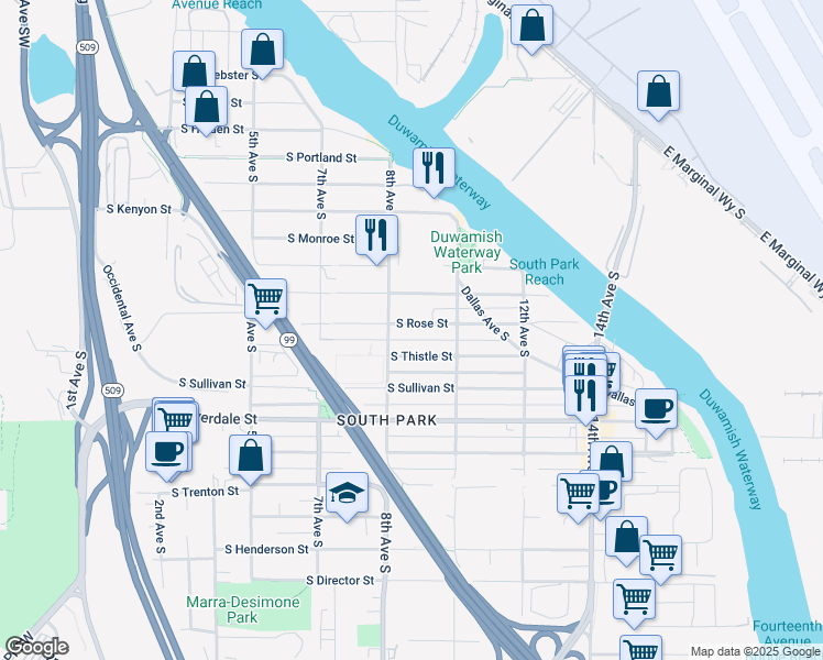 map of restaurants, bars, coffee shops, grocery stores, and more near 819 South Rose Street in Seattle