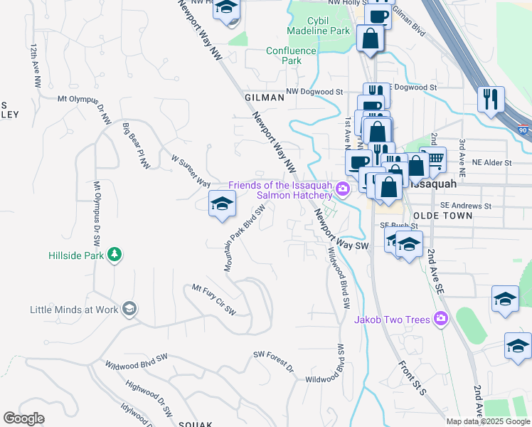map of restaurants, bars, coffee shops, grocery stores, and more near 201 Mountain Park Boulevard SouthWest in Issaquah