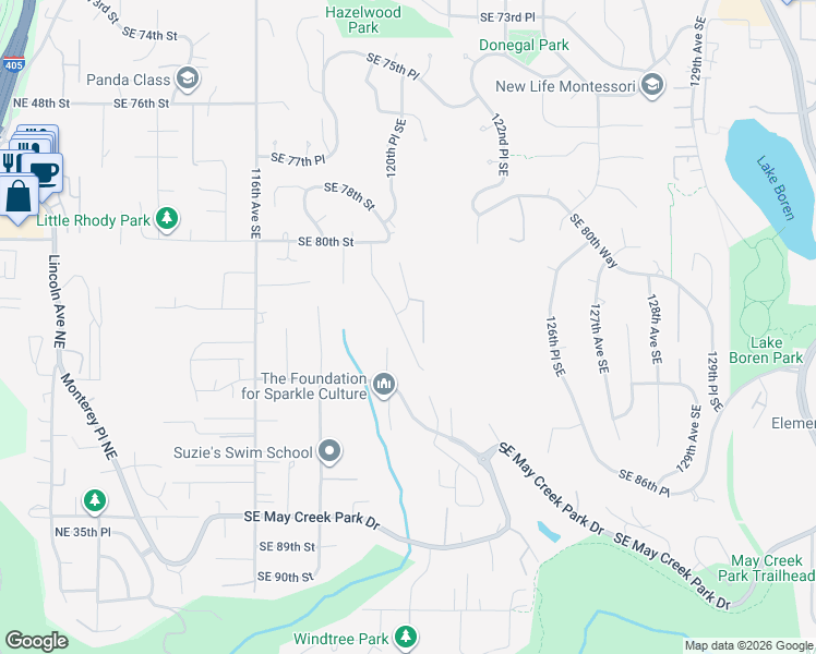 map of restaurants, bars, coffee shops, grocery stores, and more near 8302 121st Avenue Southeast in Newcastle