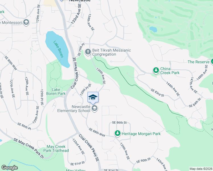 map of restaurants, bars, coffee shops, grocery stores, and more near 8060 136th Avenue Southeast in Newcastle