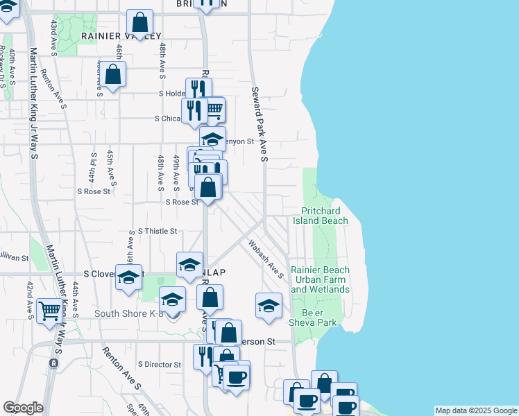 map of restaurants, bars, coffee shops, grocery stores, and more near 8323 Duncan Ave S in Seattle