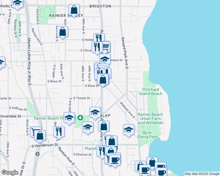map of restaurants, bars, coffee shops, grocery stores, and more near 5103 South Rose Street in Seattle