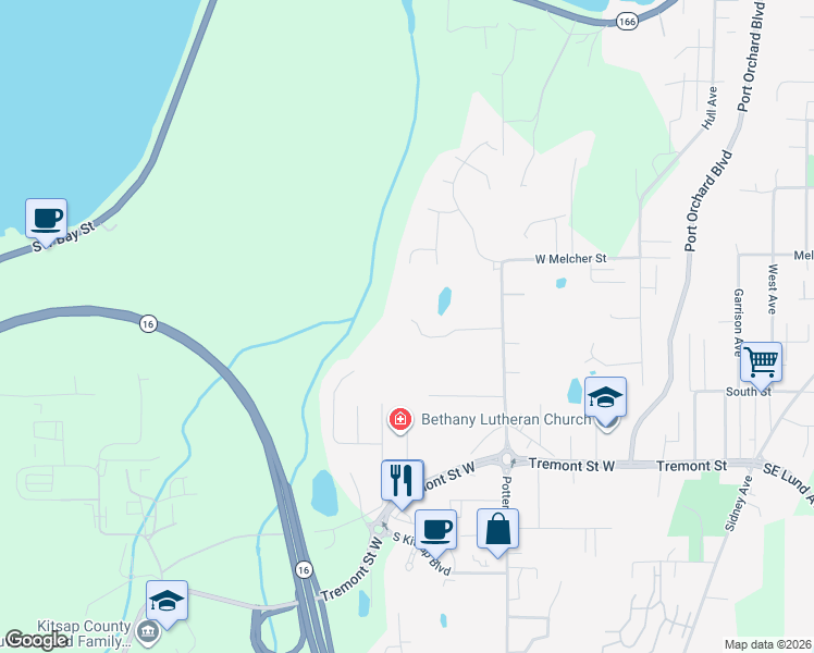 map of restaurants, bars, coffee shops, grocery stores, and more near 410 Golden Pond Street in Port Orchard