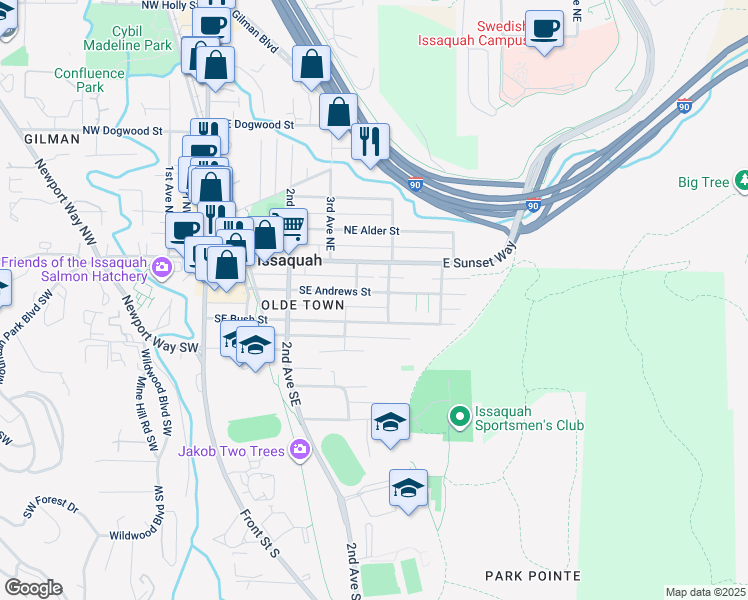 map of restaurants, bars, coffee shops, grocery stores, and more near 445 Southeast Andrews Street in Issaquah
