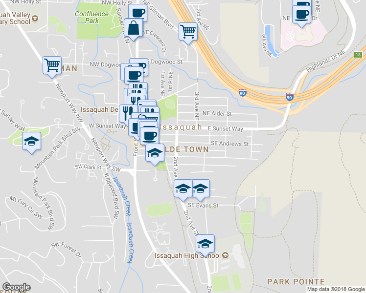 map of restaurants, bars, coffee shops, grocery stores, and more near 235 Southeast Andrews Street in Issaquah