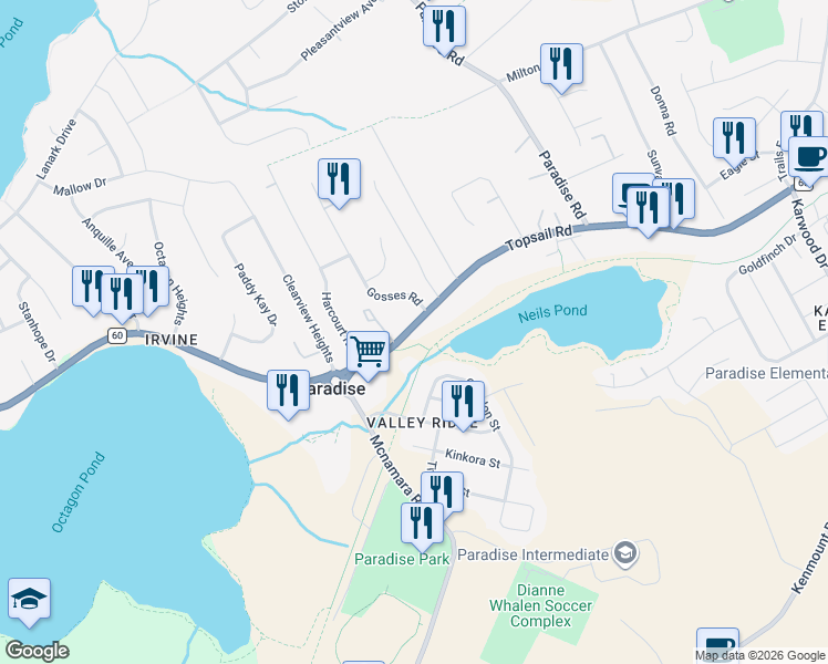map of restaurants, bars, coffee shops, grocery stores, and more near 1582 Topsail Road in Paradise
