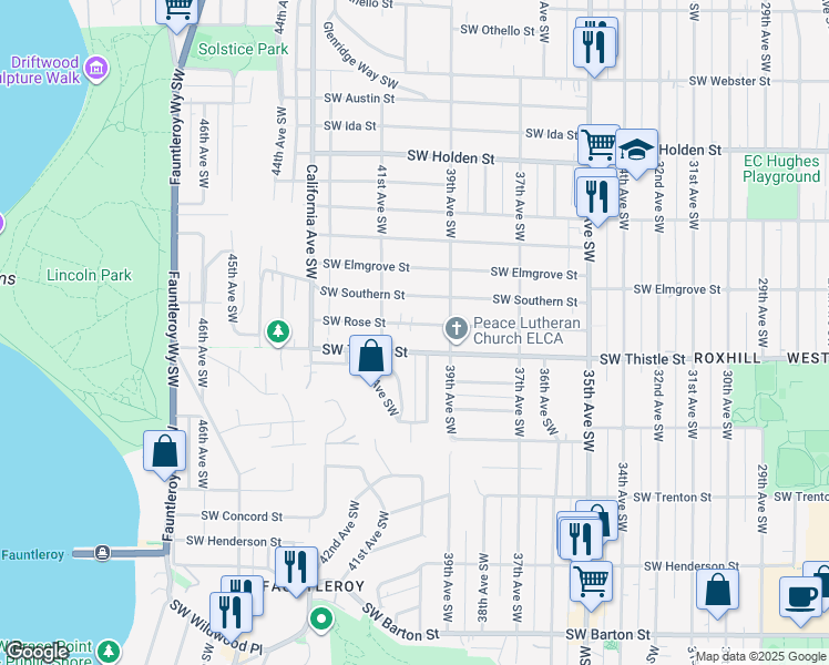map of restaurants, bars, coffee shops, grocery stores, and more near 3931 Southwest Rose Street in Seattle