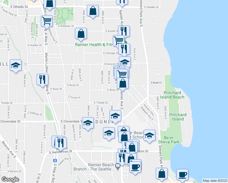 map of restaurants, bars, coffee shops, grocery stores, and more near 4915 South Rose Street in Seattle